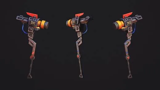 A stylised sci-fi weapon shown in a three-view turnaround presentation