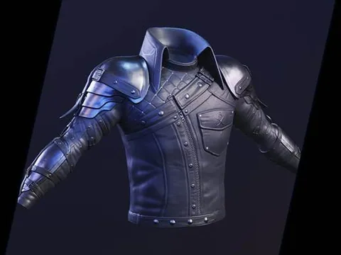 A combat armour jacket with shoulder plating, quilted panels and stitched leather