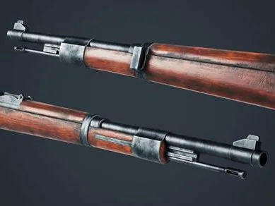 A WWII bolt-action rifle model shown at two angles with wood stock and blued steel