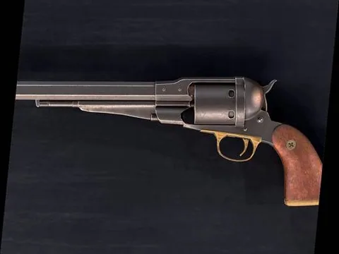 A single-action revolver with engraved steel frame and wooden grips