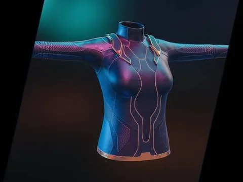 A sci-fi character bodysuit in T-pose with luminous seam detailing over the torso
