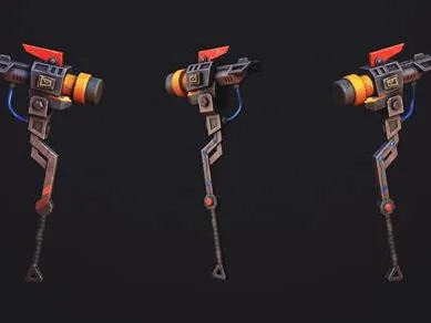 A stylised sci-fi weapon presented as a three-view turnaround against a dark backdrop