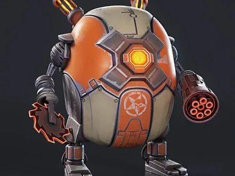 A stylised orange and cream combat robot with a glowing core, saw arm and gatling arm